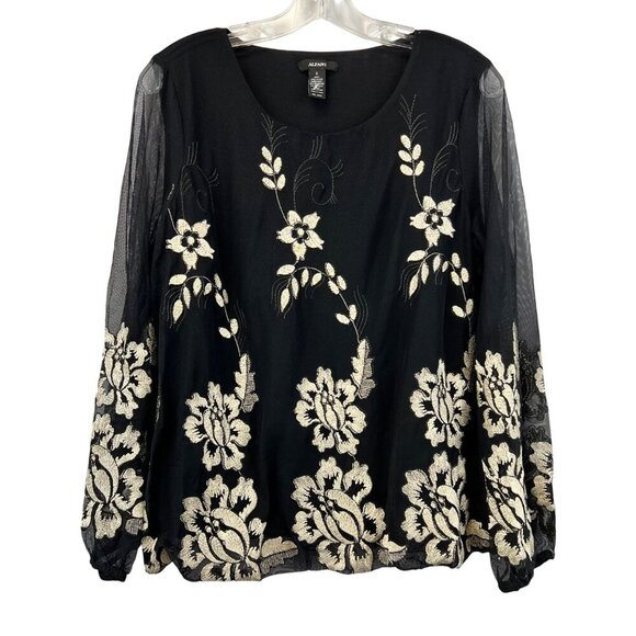 Alfani Womens Embroidered Top Mesh Sleeve Black/Multi Size Small - Picture 1 of 8